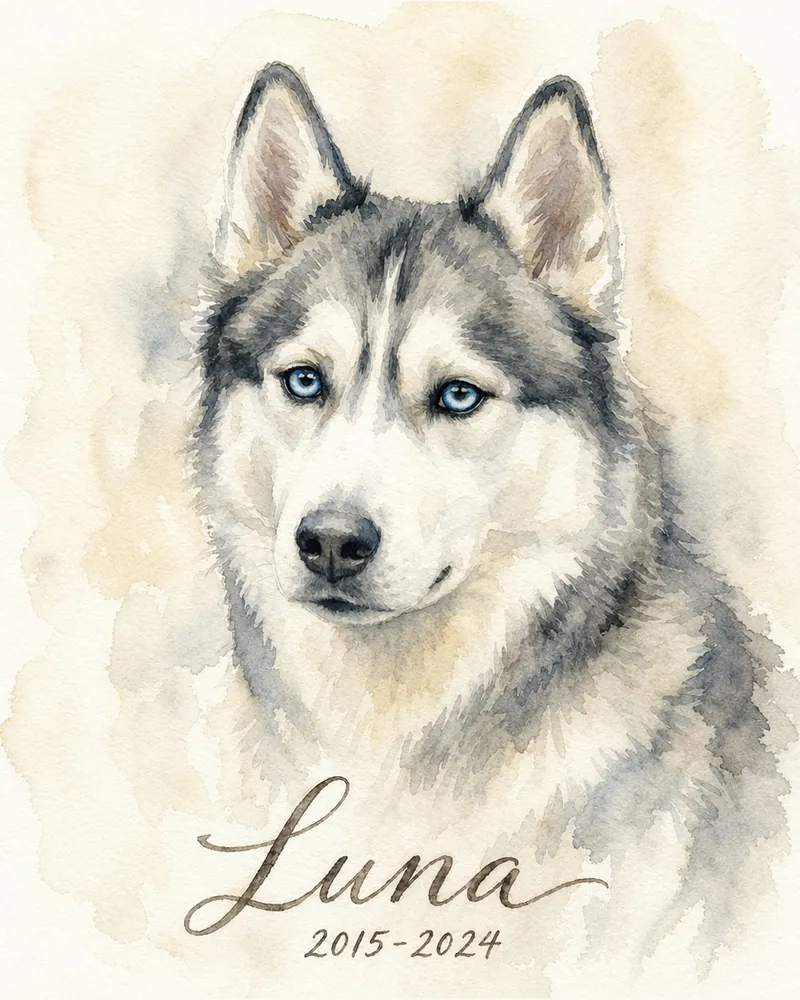 Custom watercolor husky portrait